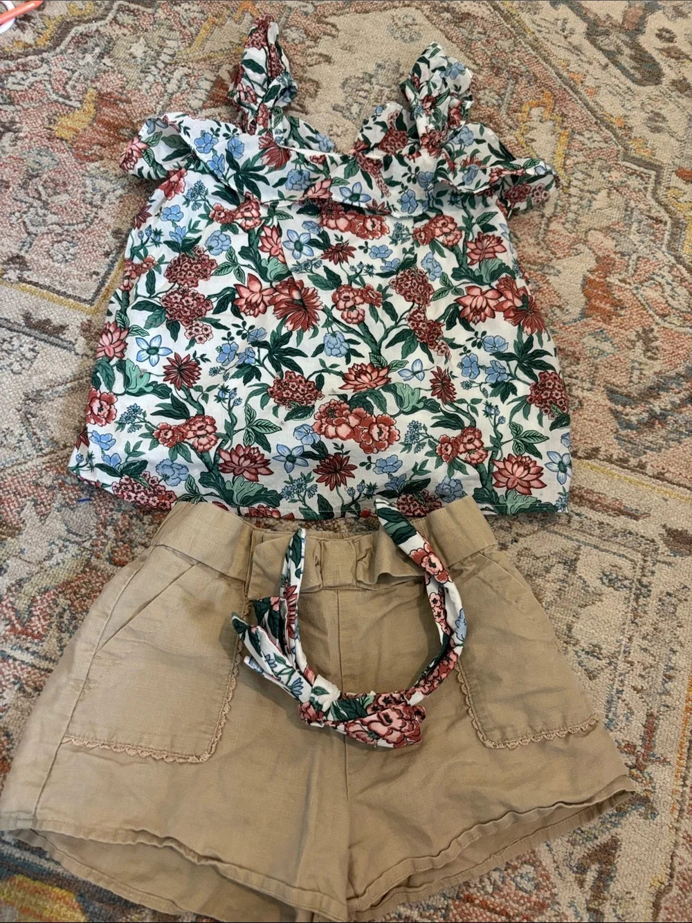 Janie and Jack White Floral Ruffle Strap Top with Tan Shorts and Floral Headband